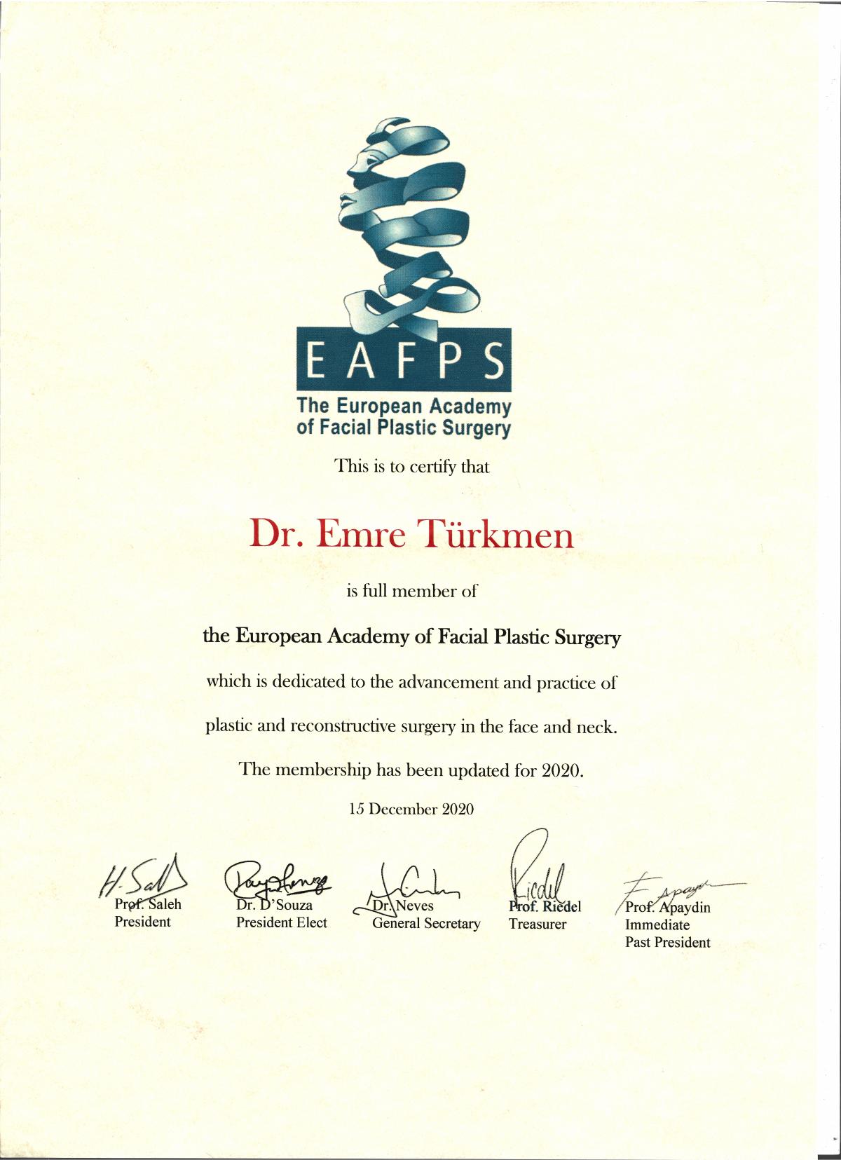 EAFPS Full Membership — European Academy of Facial Plastic Surgery, 2020