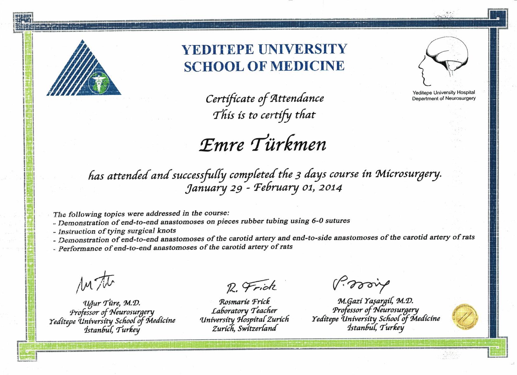 Microsurgery — Certificate of Attendance — Yeditepe University School of Medicine, 2014